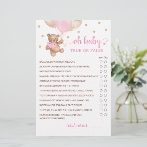 True Or False Facts Game Baby Shower Teddy Bear 