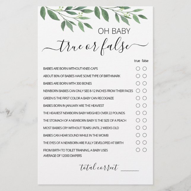 True or False Game Baby Trivia game with Answers (Front)