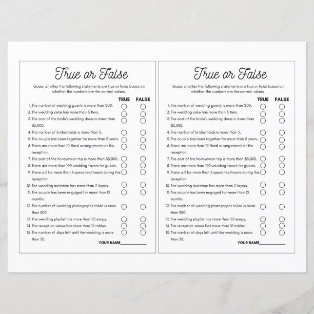 True or False Wedding Game Printable - 8.5x11  (Front)