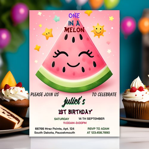 true pink summer one in a melon first 1st birthday invitation