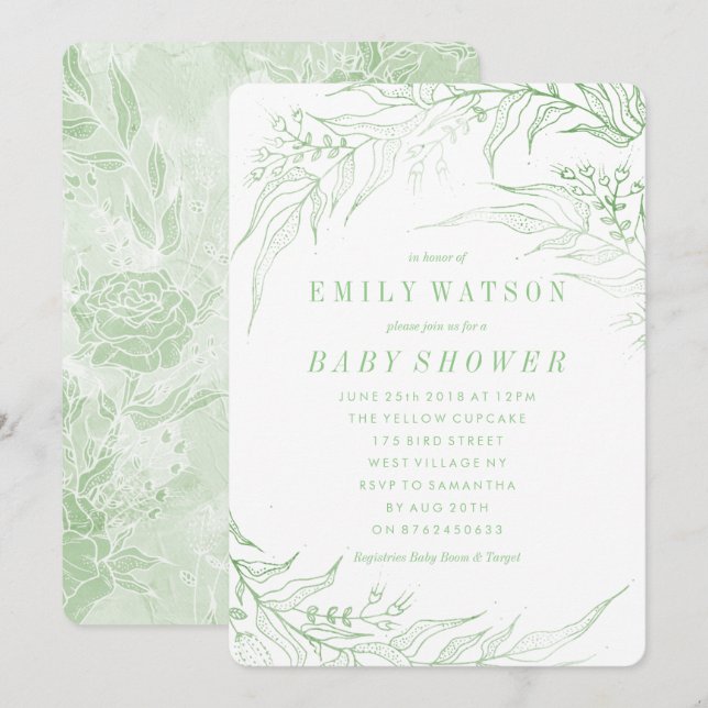 True Romance Green Floral Frame Baby Shower Invitation (Front/Back)