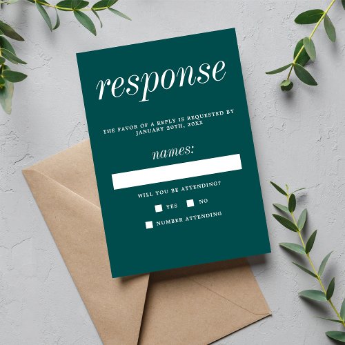 True Simplicity 2 Peacock Teal Minimalist Wedding RSVP Card