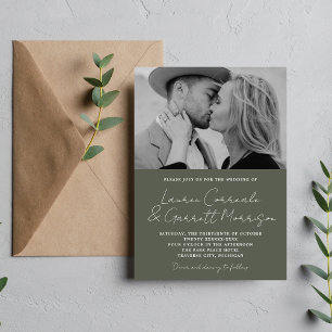 True Simplicity 3 Modern Camo Green Photo Wedding Invitation