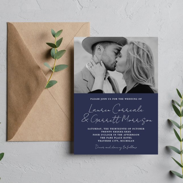 True Simplicity 3 Modern Dark Navy Photo Wedding Invitation (Creator Uploaded)