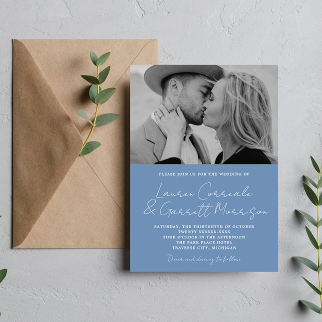 True Simplicity 3 Modern Denim Blue Photo Wedding Invitation (Creator Uploaded)
