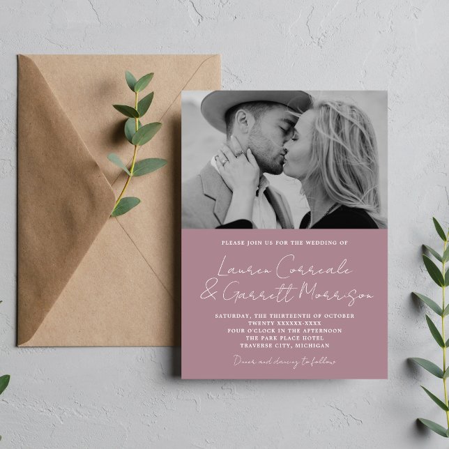 True Simplicity 3 Modern Mauve Photo Wedding Invitation (Creator Uploaded)