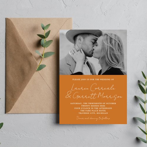 True Simplicity 3 Modern Pumpkin Photo Wedding Invitation