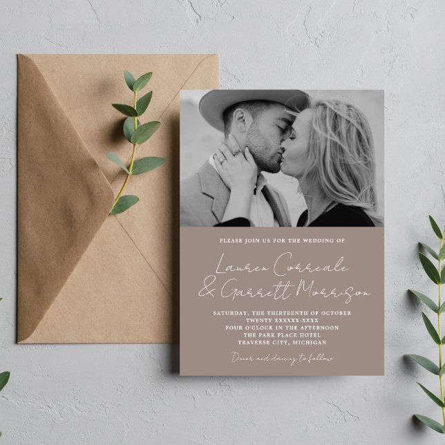 True Simplicity 3 Modern Taupe Photo Wedding Invitation (Creator Uploaded)