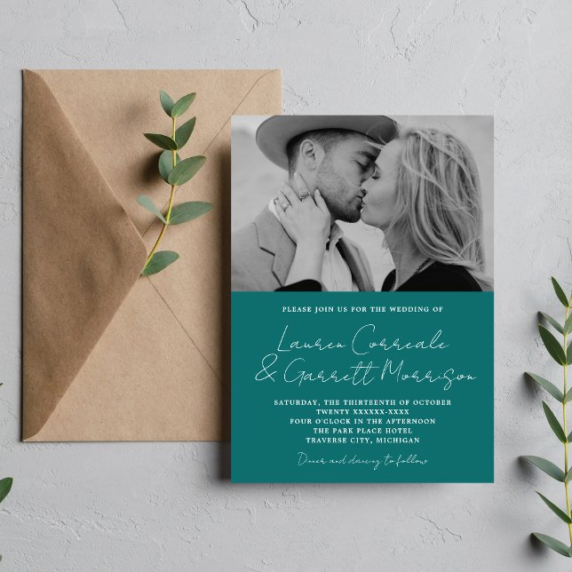 True Simplicity 3 Modern Teal Photo Wedding Invitation (Creator Uploaded)