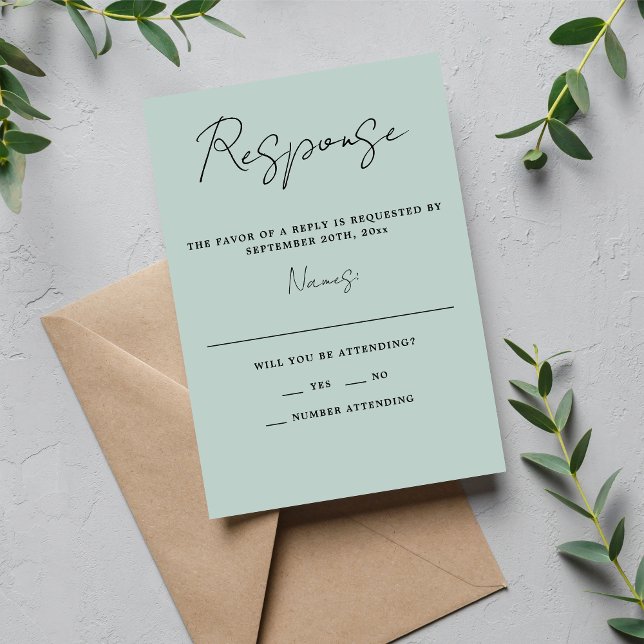 True Simplicity 3 Script Minimal Sea Glass Wedding RSVP Card (Creator Uploaded)