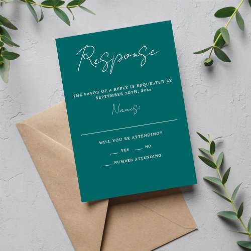 True Simplicity 3 Script Minimal Teal Wedding RSVP Card