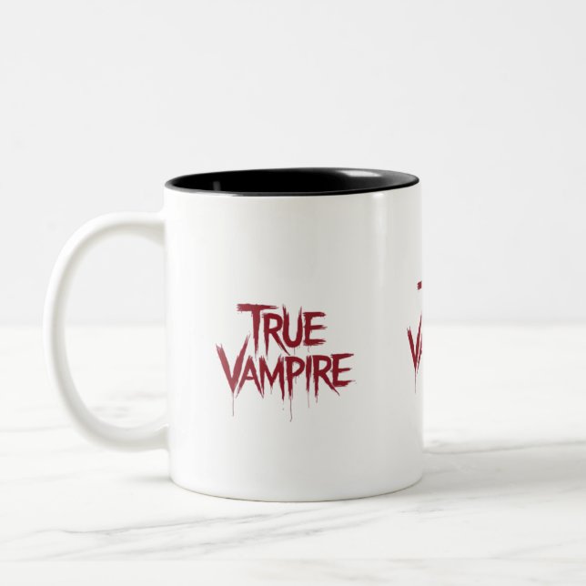 True Vampire Gothic Dripping Blood Text Design Two-Tone Coffee Mug (Left)