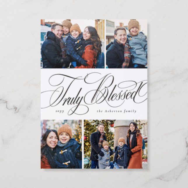 Truly blessed 4 photo elegant religious Christmas Letterpress Photo Cards (Front)