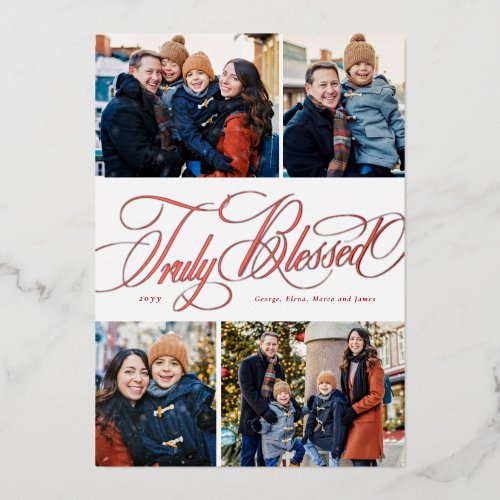 Truly blessed four photo red religious Christmas Foil Holiday Card