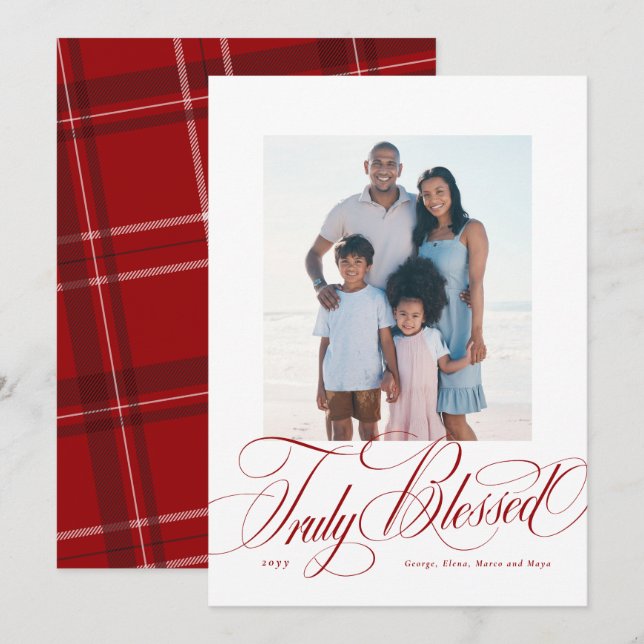 Truly blessed red religious Christmas photo Holiday Card (Front/Back)