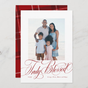 Truly blessed red religious Christmas photo Holiday Card