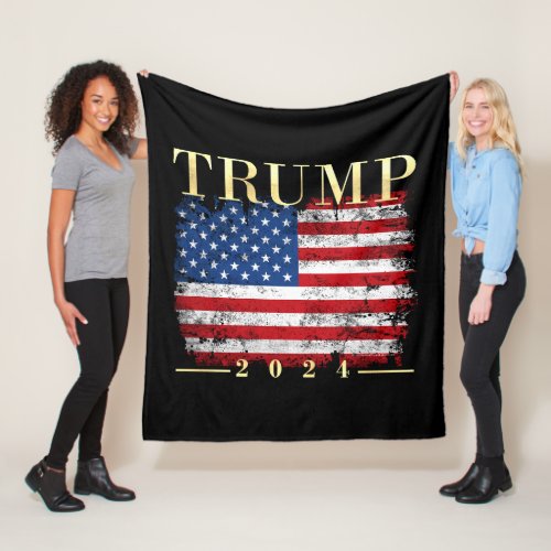 Trump 2024 Elegant Gold Vintage American Flag Fleece Blanket