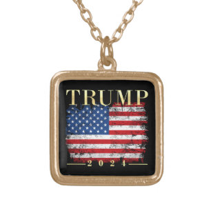 Trump 2024 Elegant Gold Vintage American Flag Gold Plated Necklace