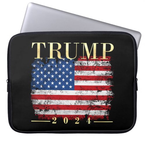 Trump 2024 Elegant Gold Vintage American Flag Laptop Sleeve