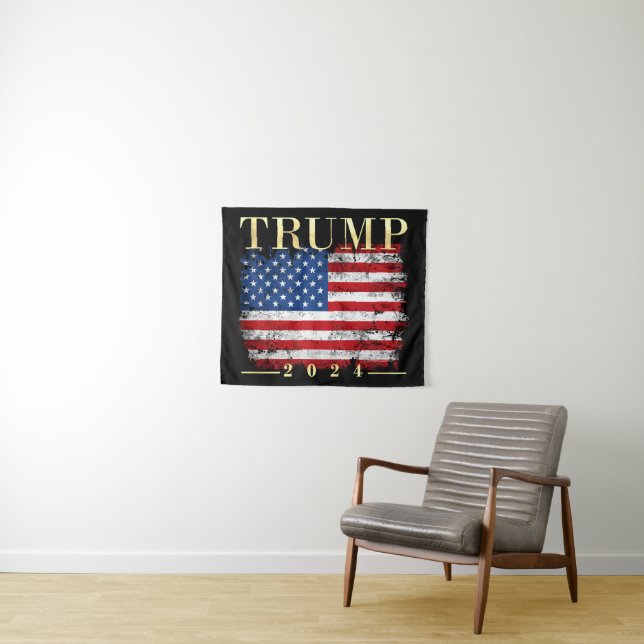 Trump 2024 Elegant Gold Vintage American Flag Tapestry (In Situ (Horizontal))