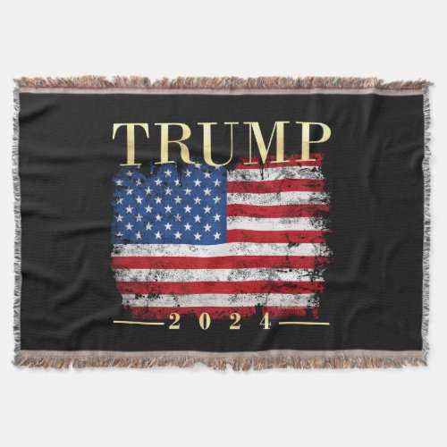 Trump 2024 Elegant Gold Vintage American Flag Throw Blanket