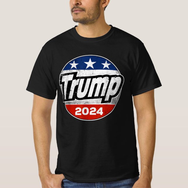Trump 2024 For President American Flag Button T-Shirt (Front)