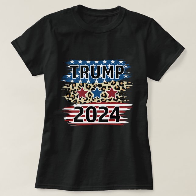 Trump 2024 Fun American Flag Cheetah Pattern T-Shirt (Design Front)