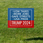 Trump 2024 Low Taxes, More Jobs, Safe Streets, USA Sign
