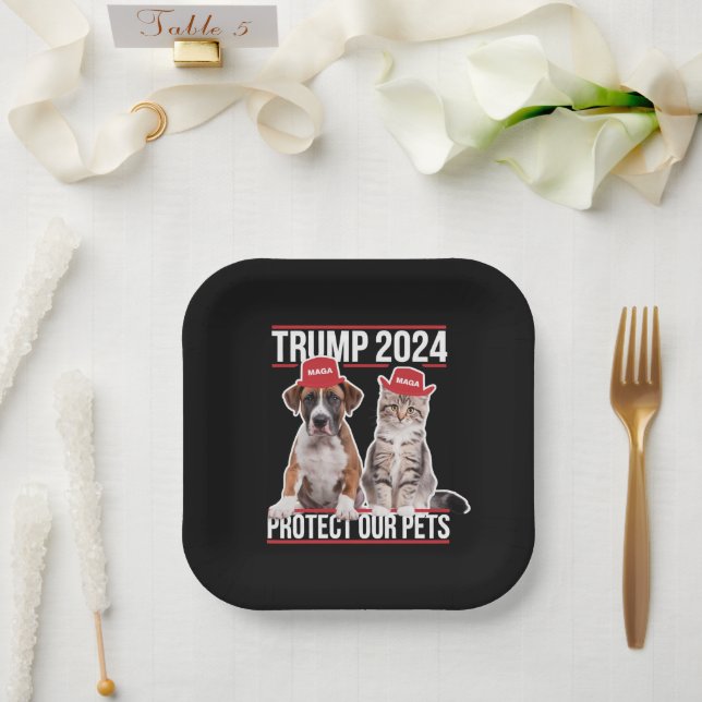 Trump 2024 Protect Our Pets Cat Dogs MAGA Paper Plates (Wedding)