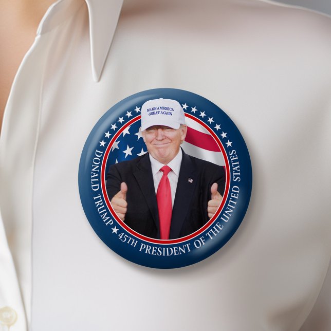 Trump 2024 with MAGA Hat and Thumbs Up Photo Button (Trump 2024 Button)