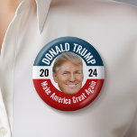 Trump 2024 with Photo - Floating Head Design Button<br><div class="desc">A modern take on a vintage design. A photo of Trump's head is surrounded by text and red and blue. Republican running in the 2024 election. This outside of the beltway businessman is taking the country by storm. Show your support with a traditional design for the campaign.</div>