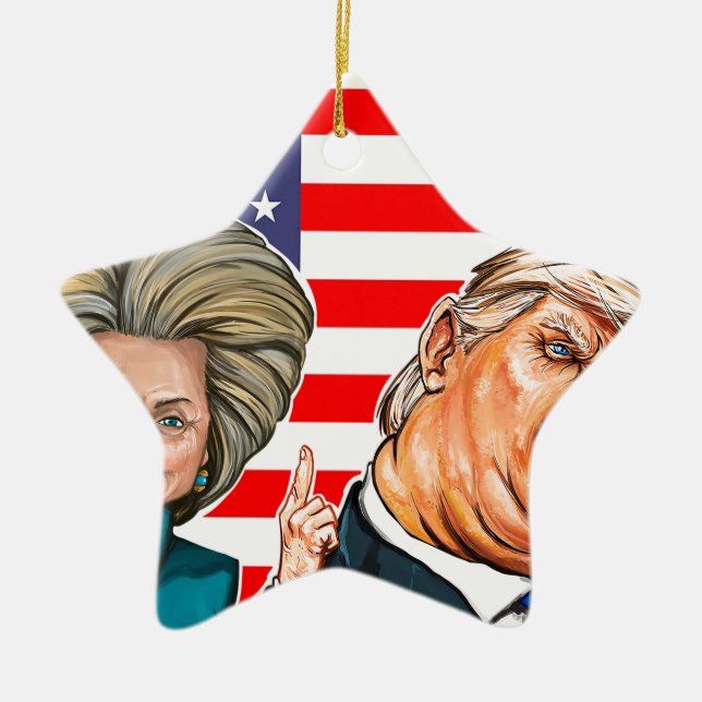 Trump and Hillary Caricature Ceramic Ornament (Front)