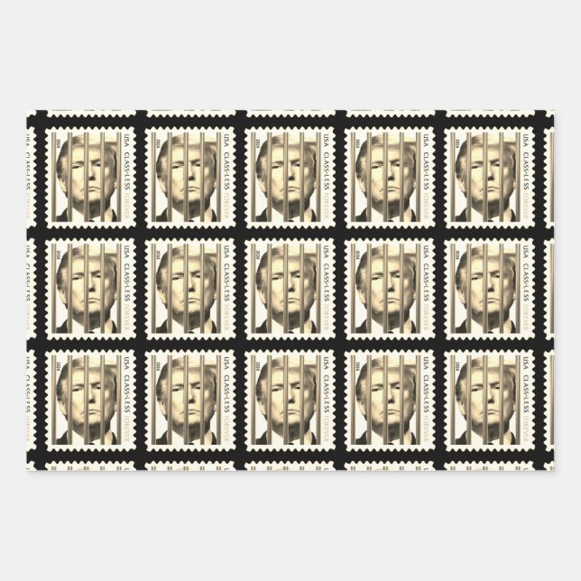 Trump Behind Golden Prison Bars Stamp Design Wrapping Paper Sheets (Front)