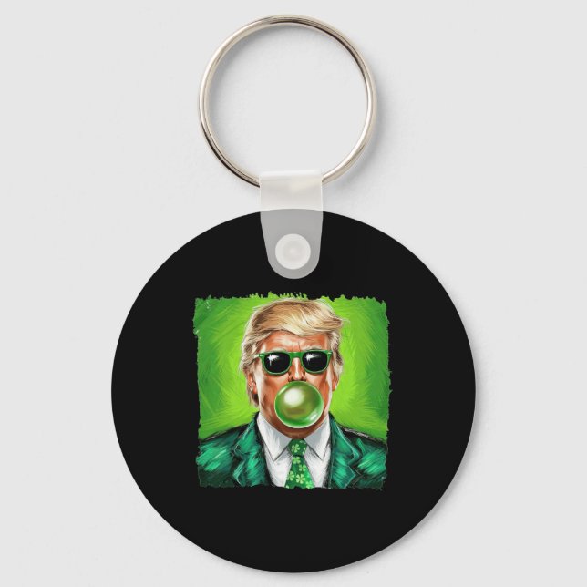 Trump Blowing Bubble Gum St. Patrick's Day Green S Keychain (Front)