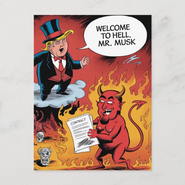 Trump Cartoon Welcome to Hell Mr. Musk Postcard (Front)