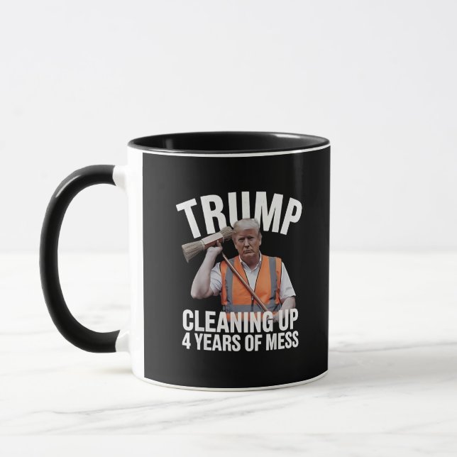 Trump Cleaning up 4 Years of Mess Garbage Can Mug (Left)