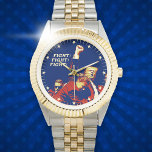 Trump Fight Fight Fight patriotic vintage style Watch<br><div class="desc">Trump Fight Fight Fight patriotic vintage style Watch This bold Trump watch features the iconic "FIGHT! FIGHT! FIGHT!" moment in a powerful vintage pop-art style. The background showcases the American flag’s red, white, and blue colors with stars and stripes, symbolizing patriotism, strength, and resilience. A striking piece for Trump supporters...</div>