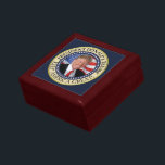 Trump Gifts 2025 President Donald Trump America Gift Box<br><div class="desc">Elegant and stylish round seal design with a photo of President Donald Trump, smiling with a border of stars. Text around the perimeter reads President Donald J. Trump, Keep America Great!. Patriotic American flag in the background, this product makes an ideal Christmas gift for a Trump supporter husband, boyfriend, dad,...</div>