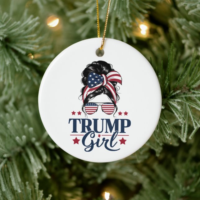 Trump Girl Messy Bun Trump 2024 Election American  Ceramic Ornament (Tree)