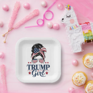 Trump Girl Messy Bun Trump 2024 Election American Paper Plates