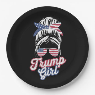 Trump Girl Messy Bun Vintage USA American Flag Paper Plates