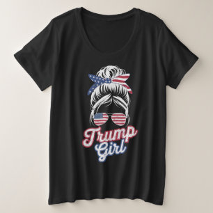 Trump Girl Messy Bun Vintage USA American Flag Plus Size T-Shirt