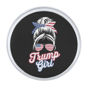 Trump Girl Messy Bun Vintage USA American Flag Silver Finish Lapel Pin