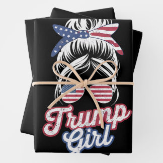 Trump Girl Messy Bun Vintage USA American Flag Wrapping Paper Sheets