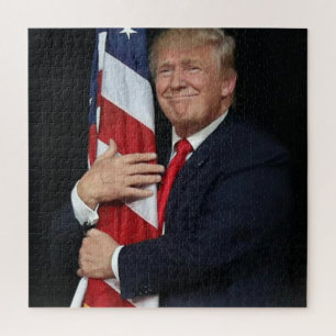 Trump Hugging the American Flag Jigsaw Puzzle