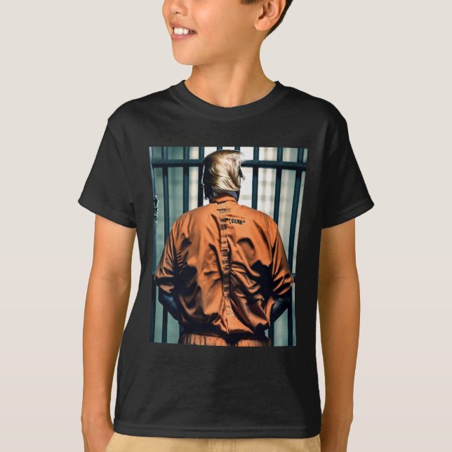 Trump In Jail Orange Jumpsuit Hand Cuffed Guilty  T-Shirt (Front)