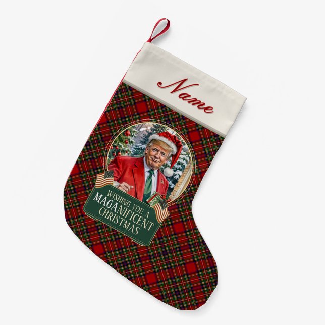 Trump MAGA Christmas Royal Stewart Tartan Plaid Small Christmas Stocking (Front (Hanging))