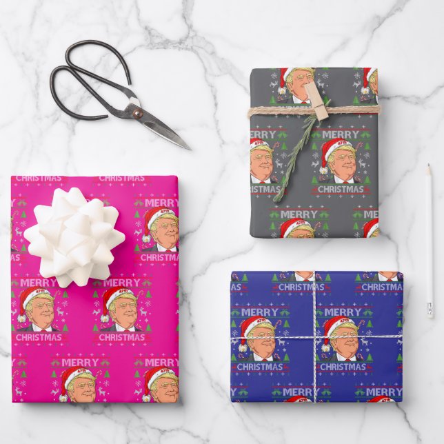 Trump Merry Christmas Ugly Xmas Gift Wrapping Paper Sheets (Front)