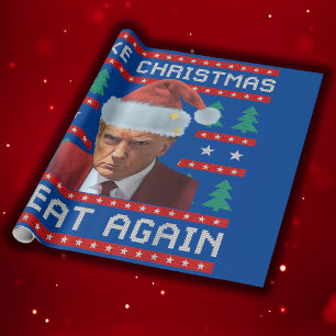 Trump Mug Shot Make Christmas Great Again Blue Wrapping Paper