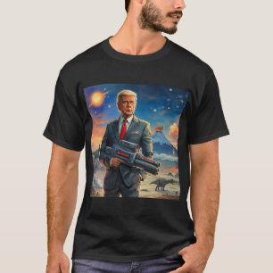 Trump on Alien Planet Dinosaurs Laser Gun Volcano T-Shirt